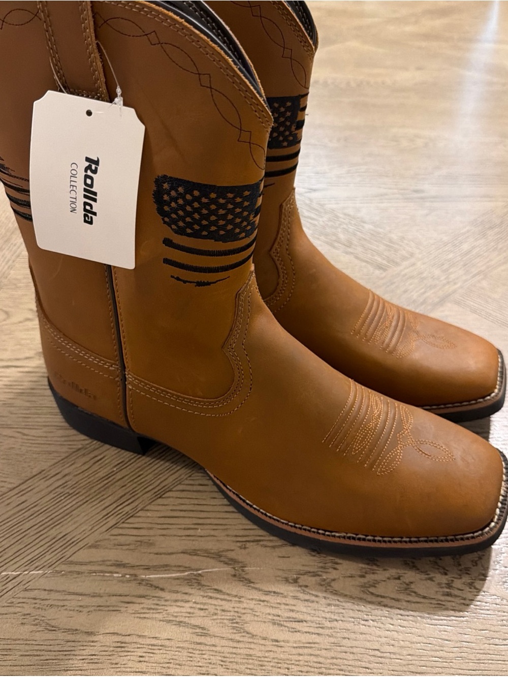 Rollda Men's Cowboy Boots Mid-Calf, Chunky Heel Square Toe, Brown, Size 13M
